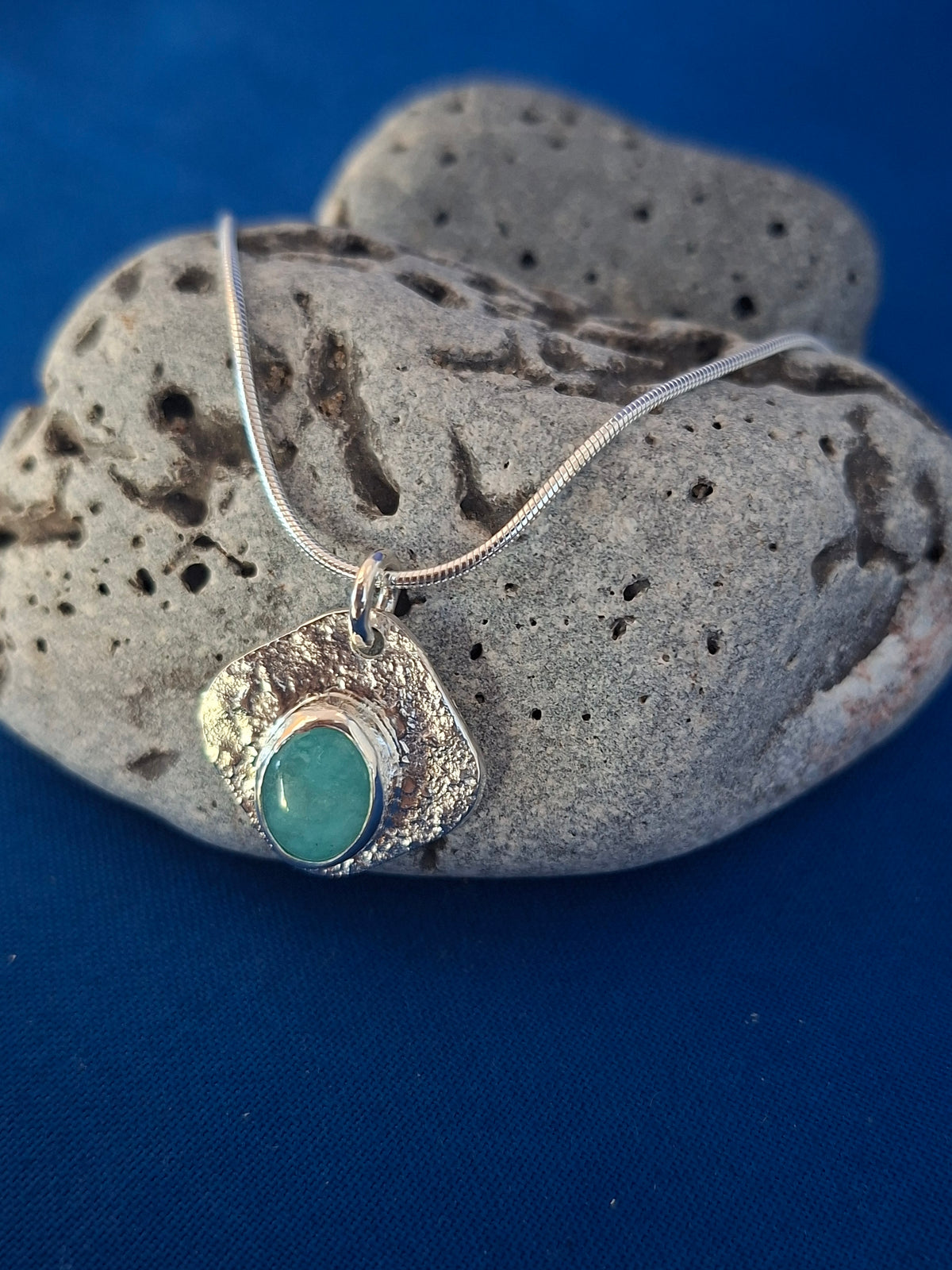 Oval Amazonite on Reticulated Silver Pendant