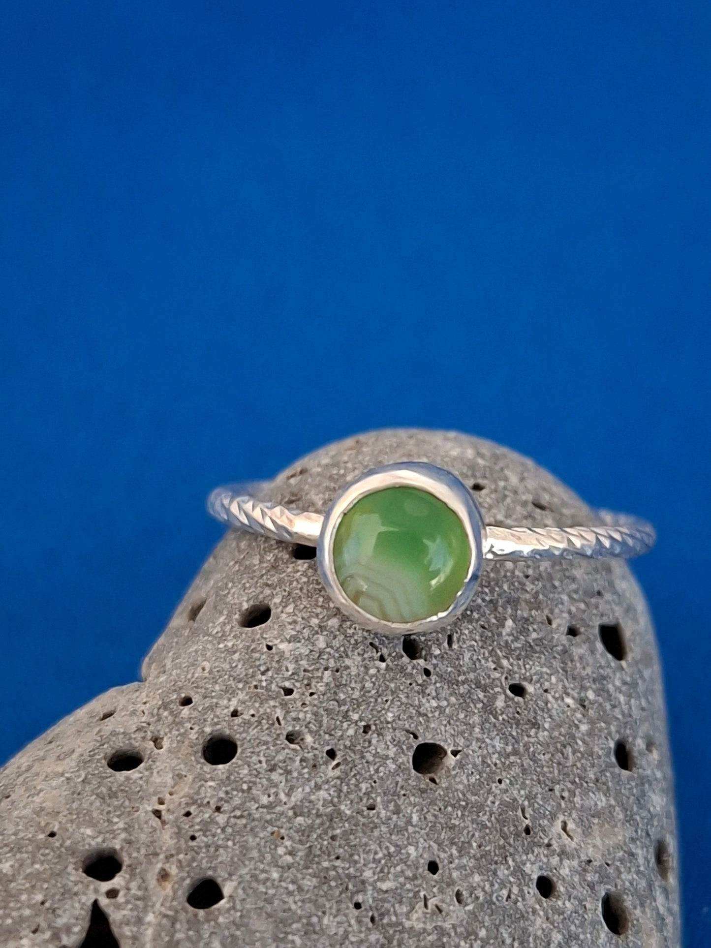 Green Striped Agate on Silver Weave Band