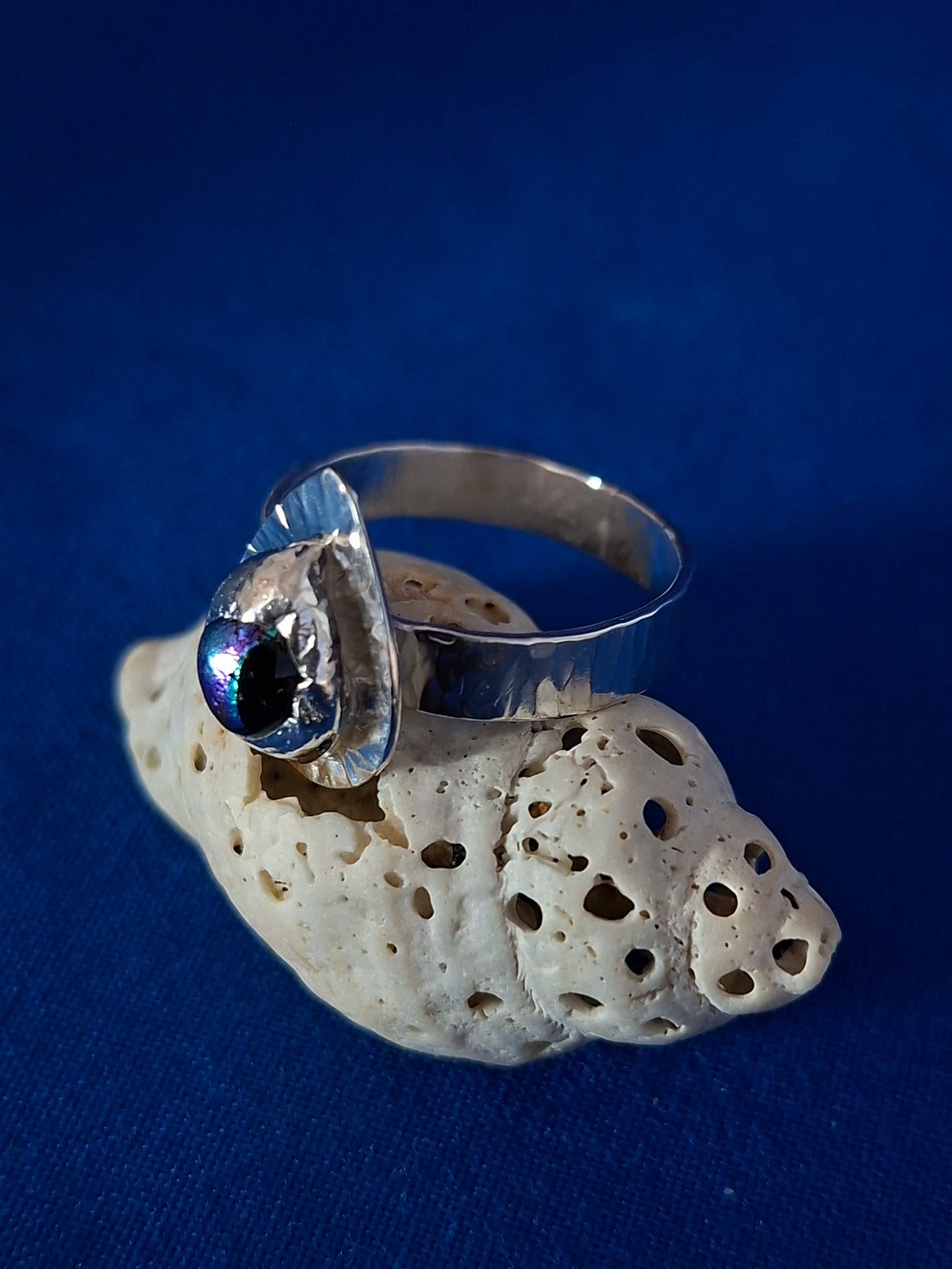 Silver Ring with Blue/Pink Dichroic Glass on Teardrop