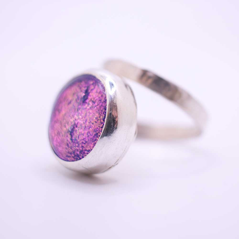 Silver Wrap Ring with Pink Dichroic Glass