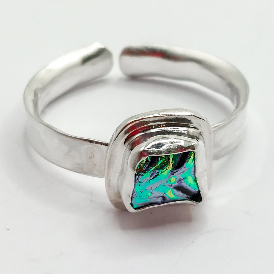 Vibrant Dichroic Glass on Open Silver Band
