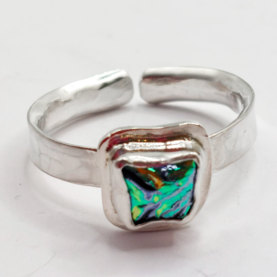 Vibrant Dichroic Glass on Open Silver Band