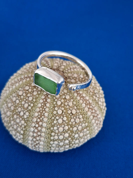 Adjustable Silver Ring with Green Sea Glass