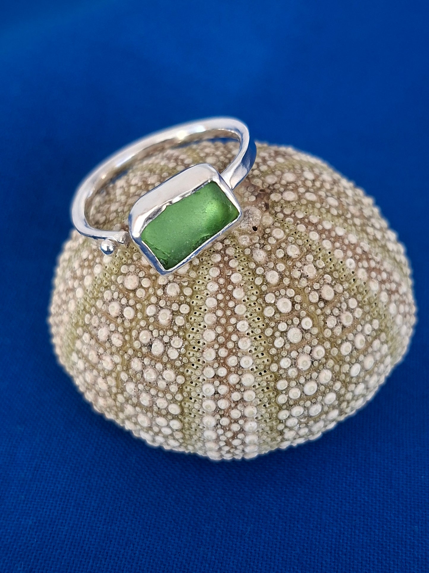 Adjustable Silver Ring with Green Sea Glass