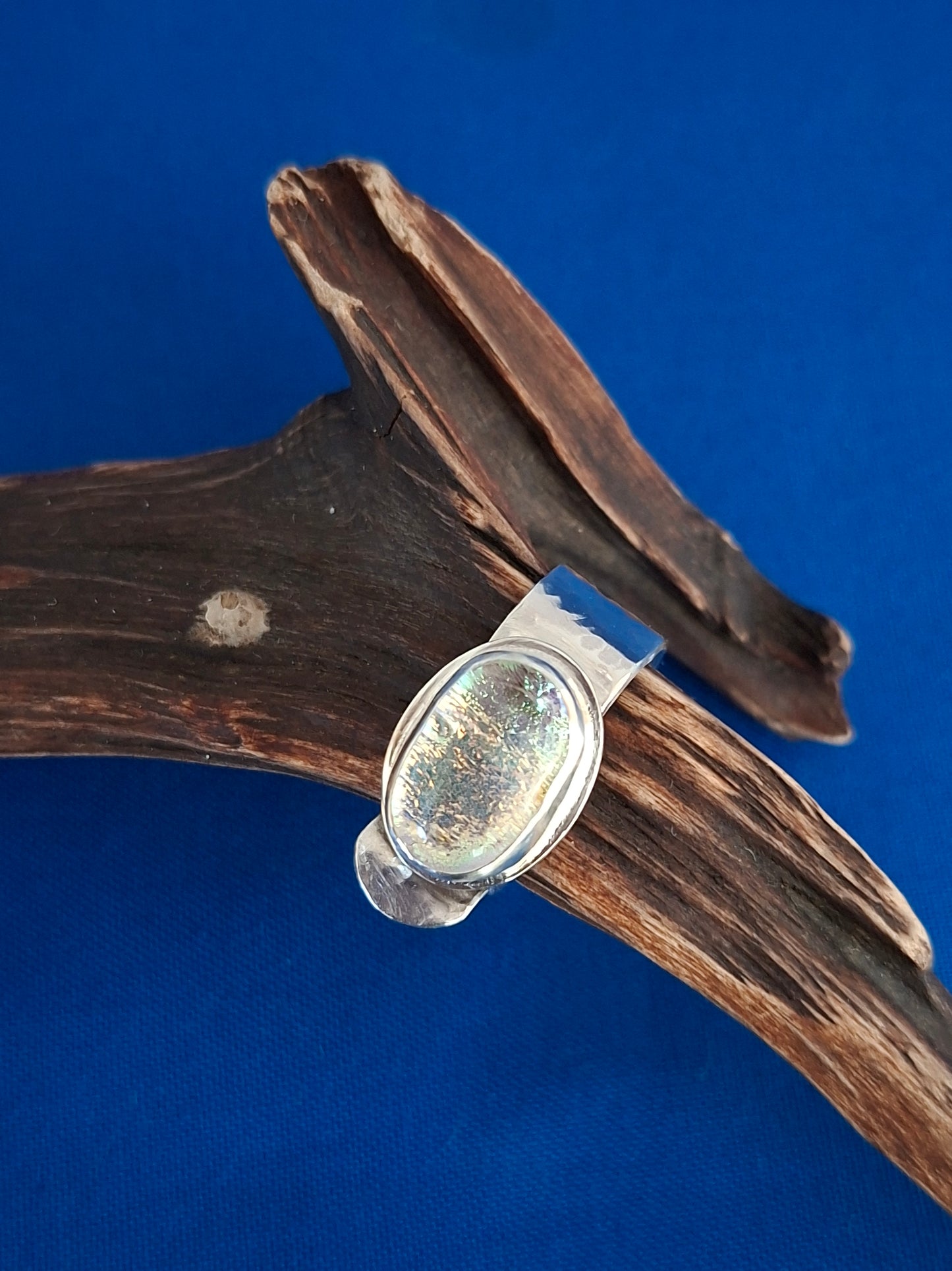 Silver Ring with Unique Hand Made Sparkly Glass Stone