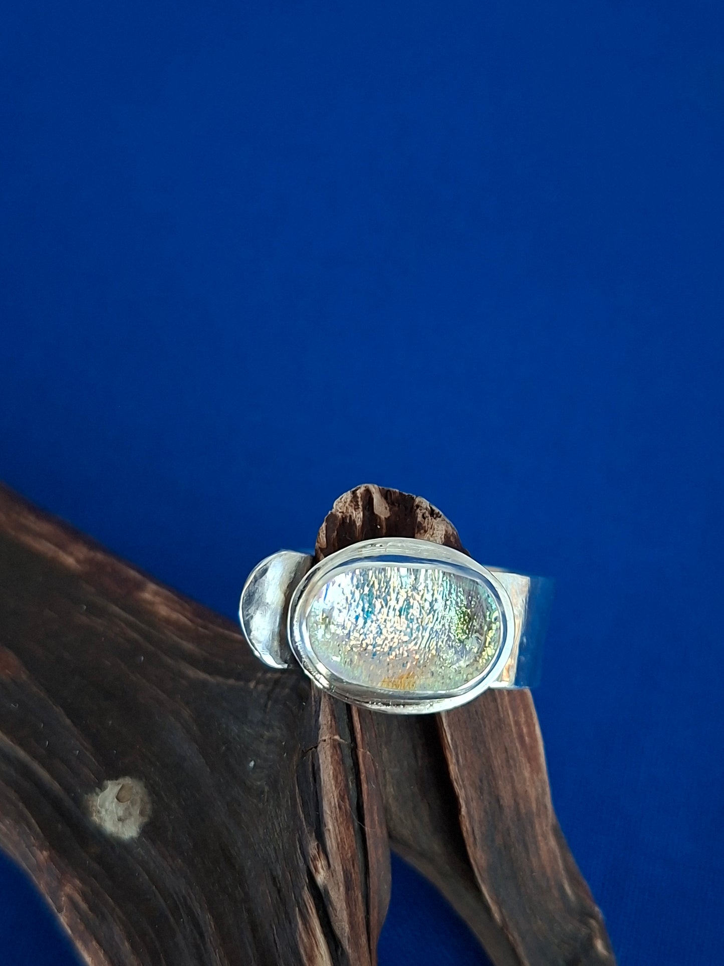 Silver Ring with Unique Hand Made Sparkly Glass Stone