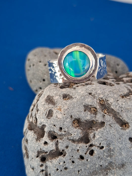 Silver Ring with Vibrant Blue/Green Aurora Opal