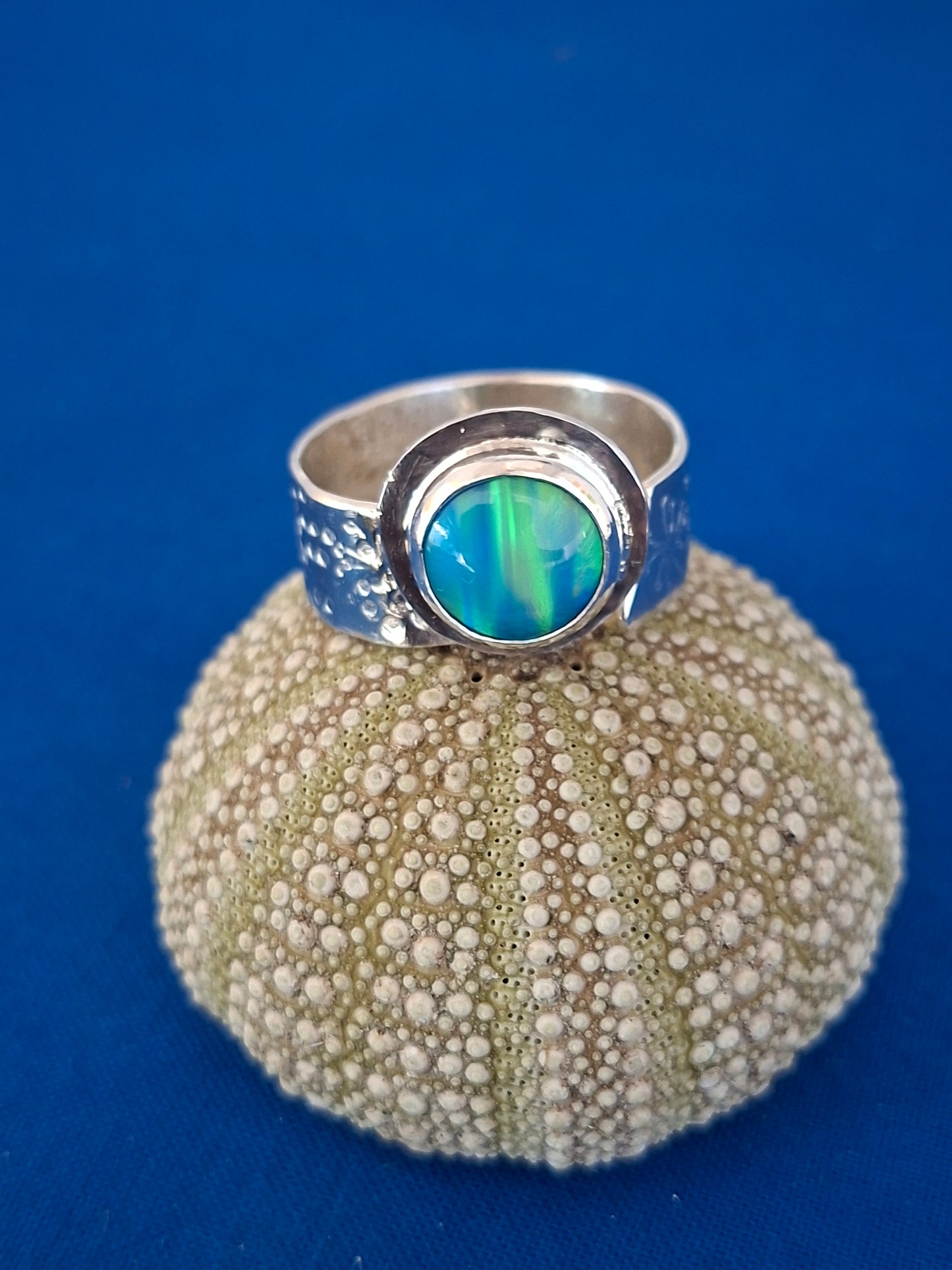 Silver Ring with Vibrant Blue/Green Aurora Opal