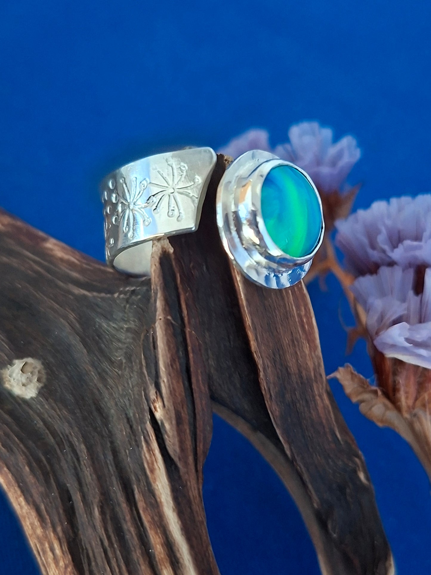 Silver Ring with Vibrant Blue/Green Aurora Opal