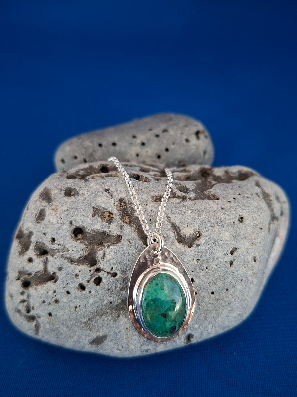 Oval Chrysocolla Gemstone on Textured Silver Pendant