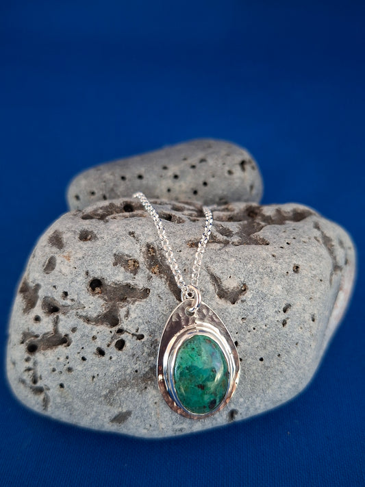 Oval Chrysocolla Gemstone on Textured Silver Pendant