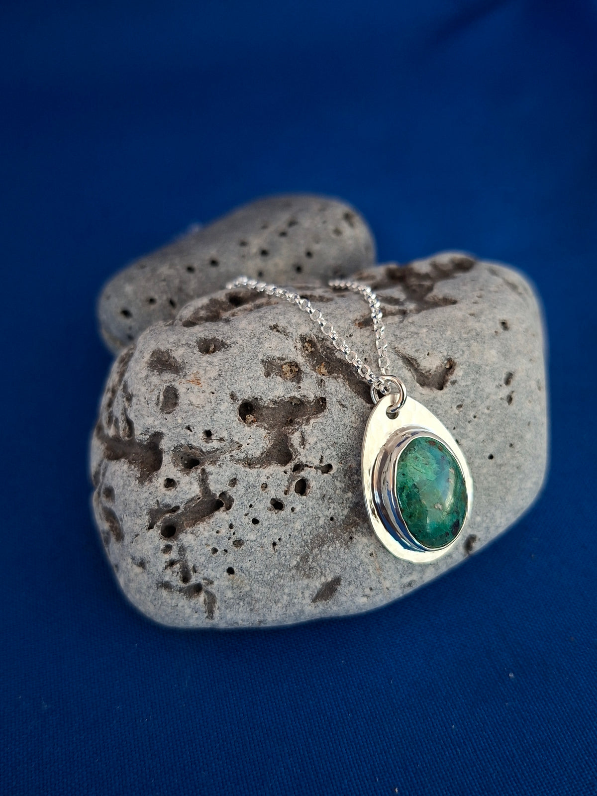 Oval Chrysocolla Gemstone on Textured Silver Pendant