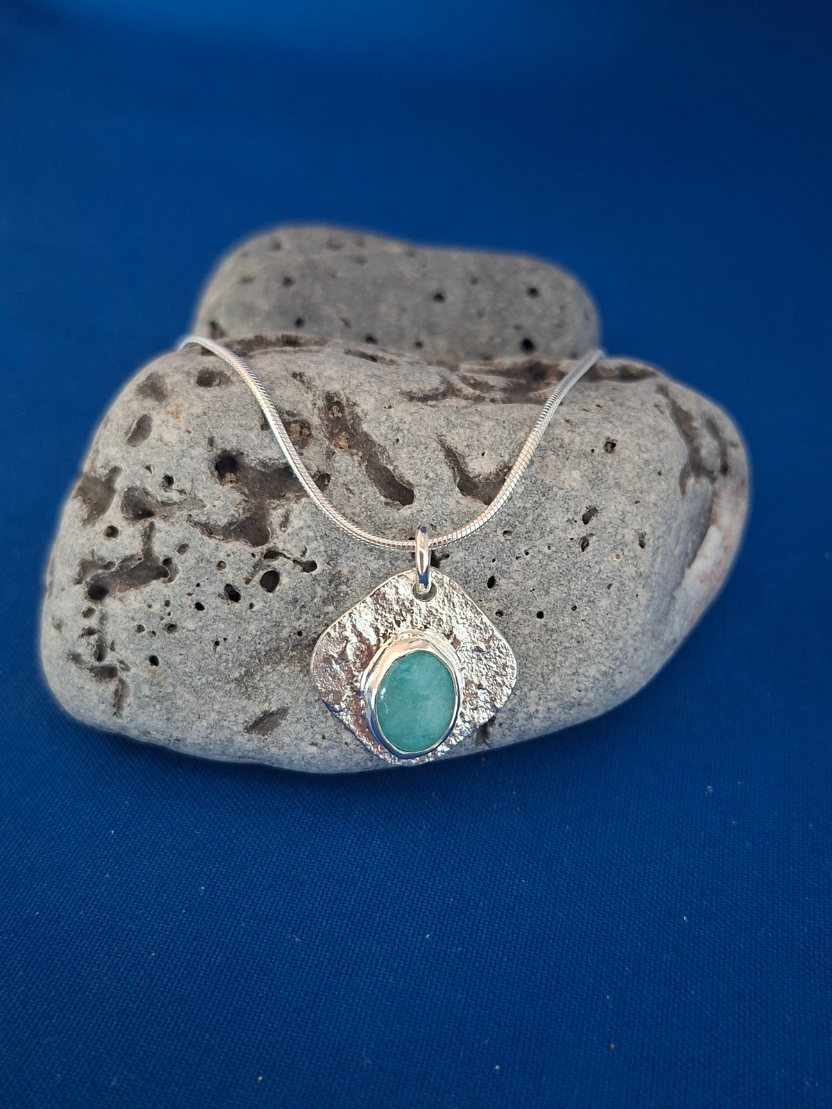 Oval Amazonite on Reticulated Silver Pendant