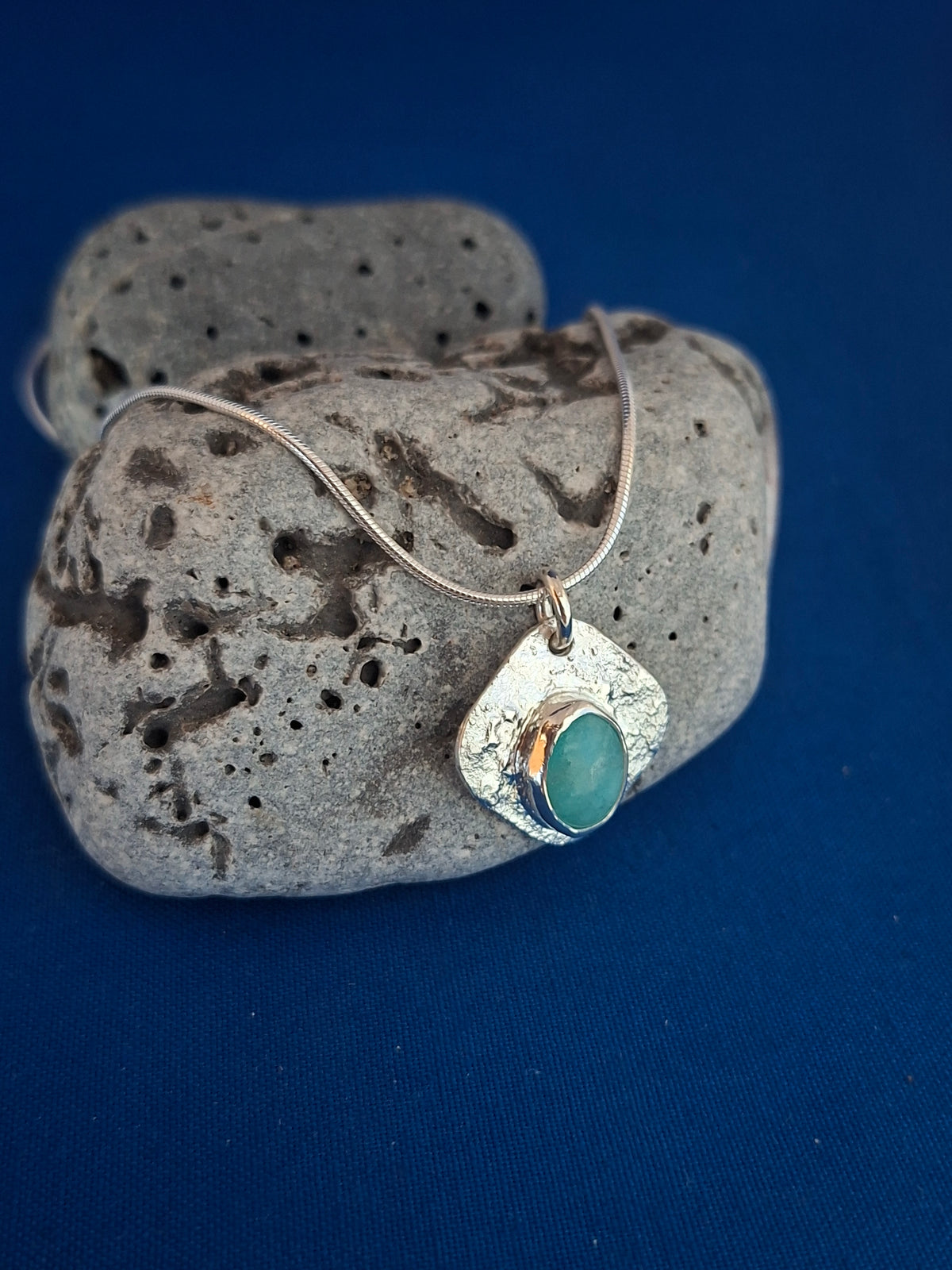 Oval Amazonite on Reticulated Silver Pendant
