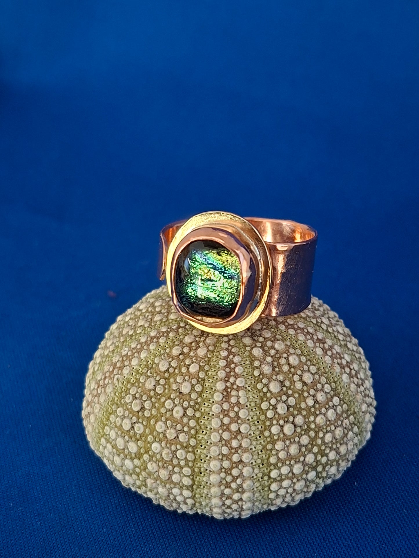 Copper and Brass Ring with Handmade Green Glass Stone