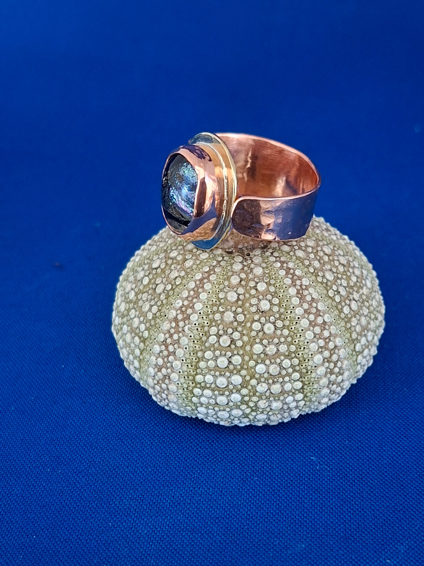 Copper and Brass Ring with Handmade Green Glass Stone