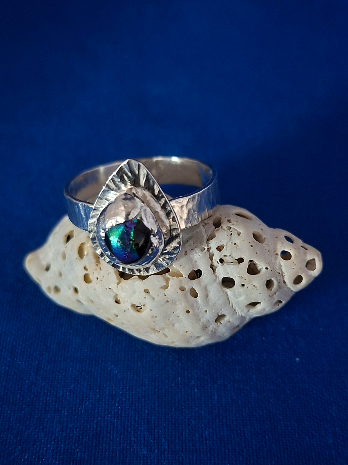 Silver Ring with Blue/Pink Dichroic Glass on Teardrop