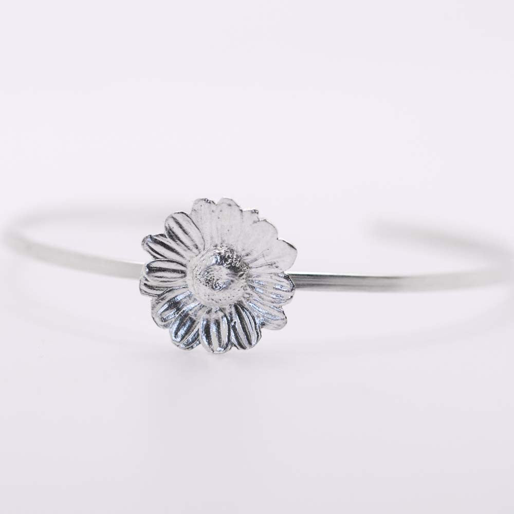 Silver Open Bangle with Flower