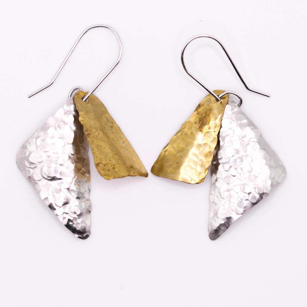 Silver and Brass Hammered Triangular Earrings