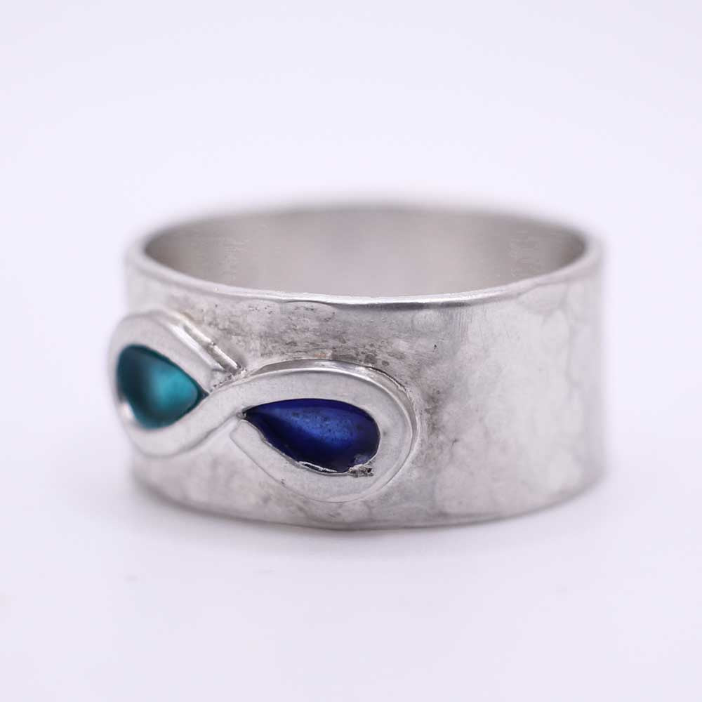 Wide Ring with Blue & Green Enamel Infinity Symbol