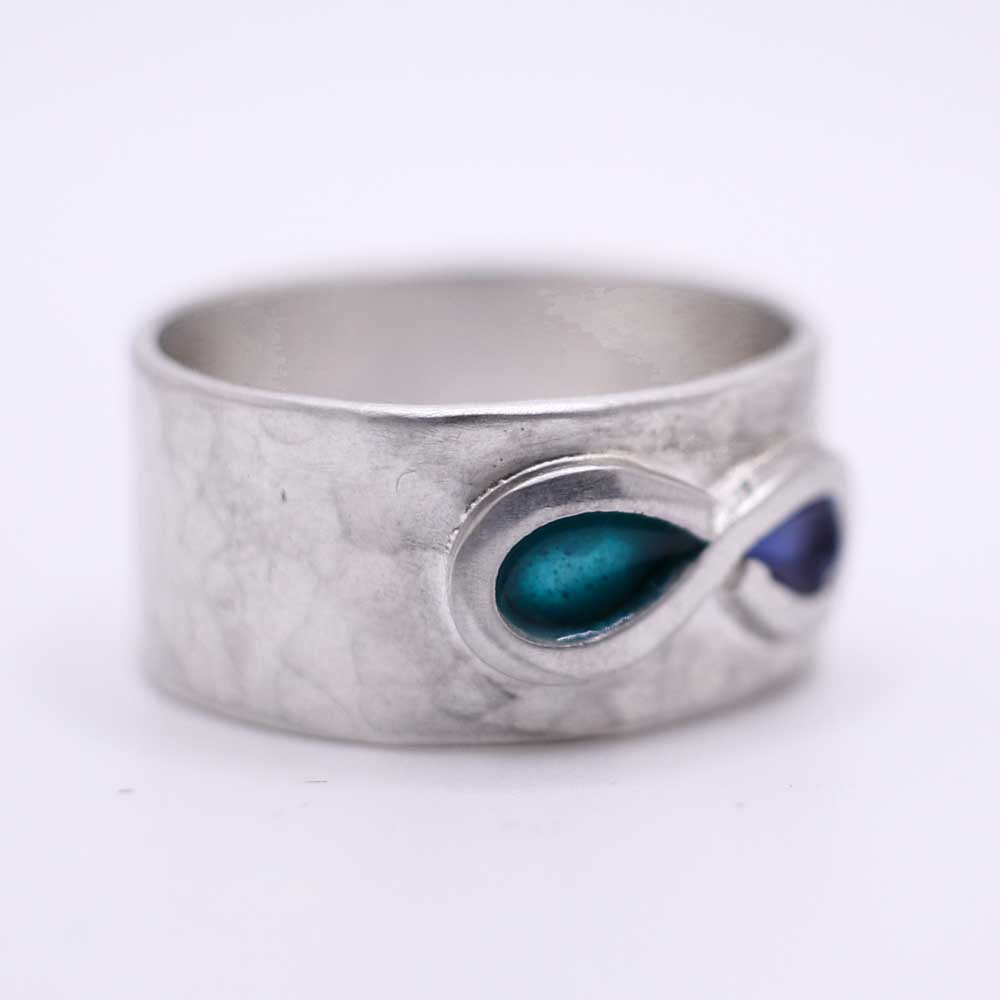 Wide Ring with Blue & Green Enamel Infinity Symbol