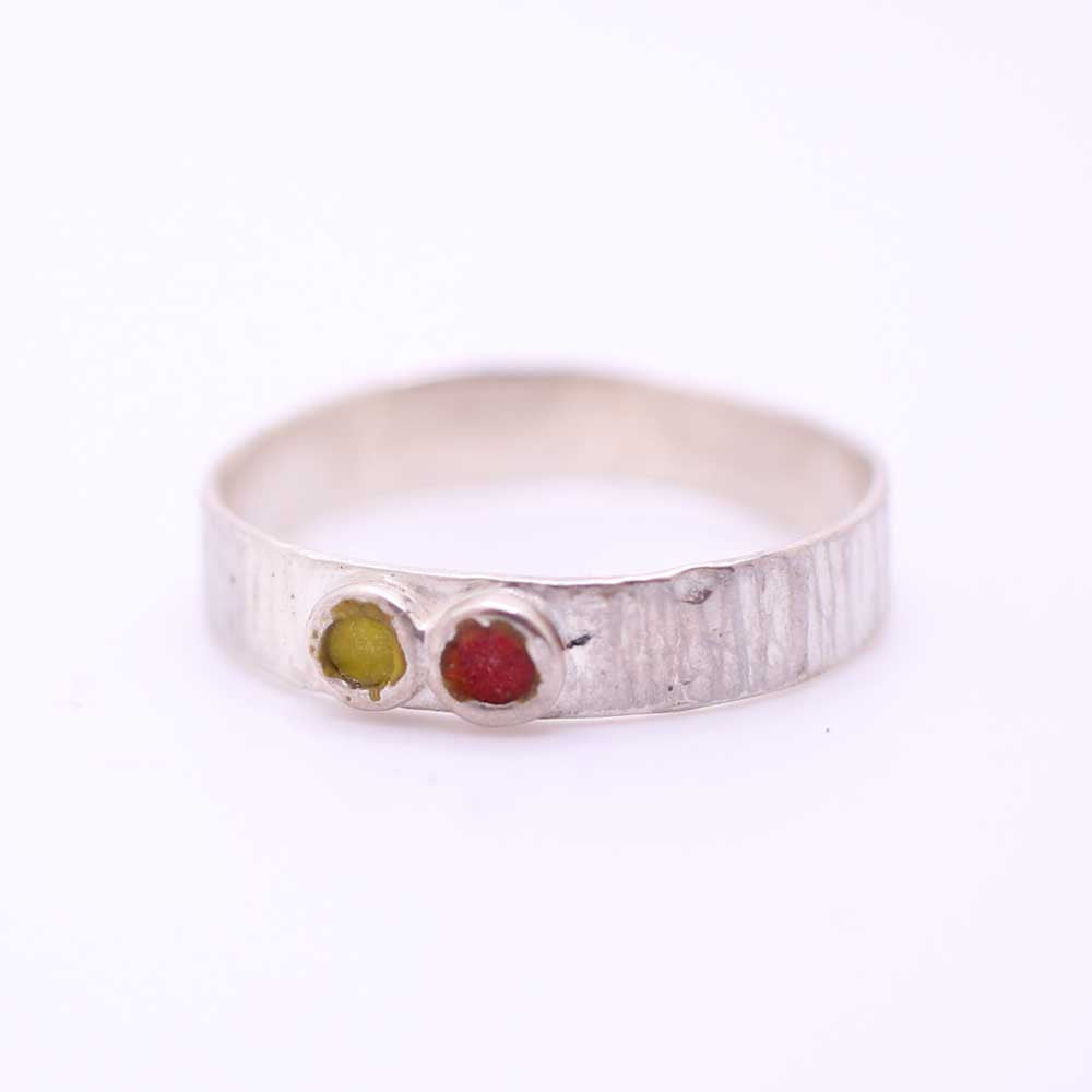 Silver Ring with Bark Texture and two colour enamel