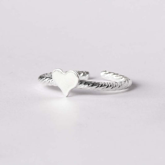 Silver Heart Ring with Weave Diamond Cut Band (Adjustable)