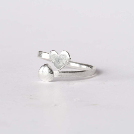 Silver Heart and Shell Ring -(Adjustable)